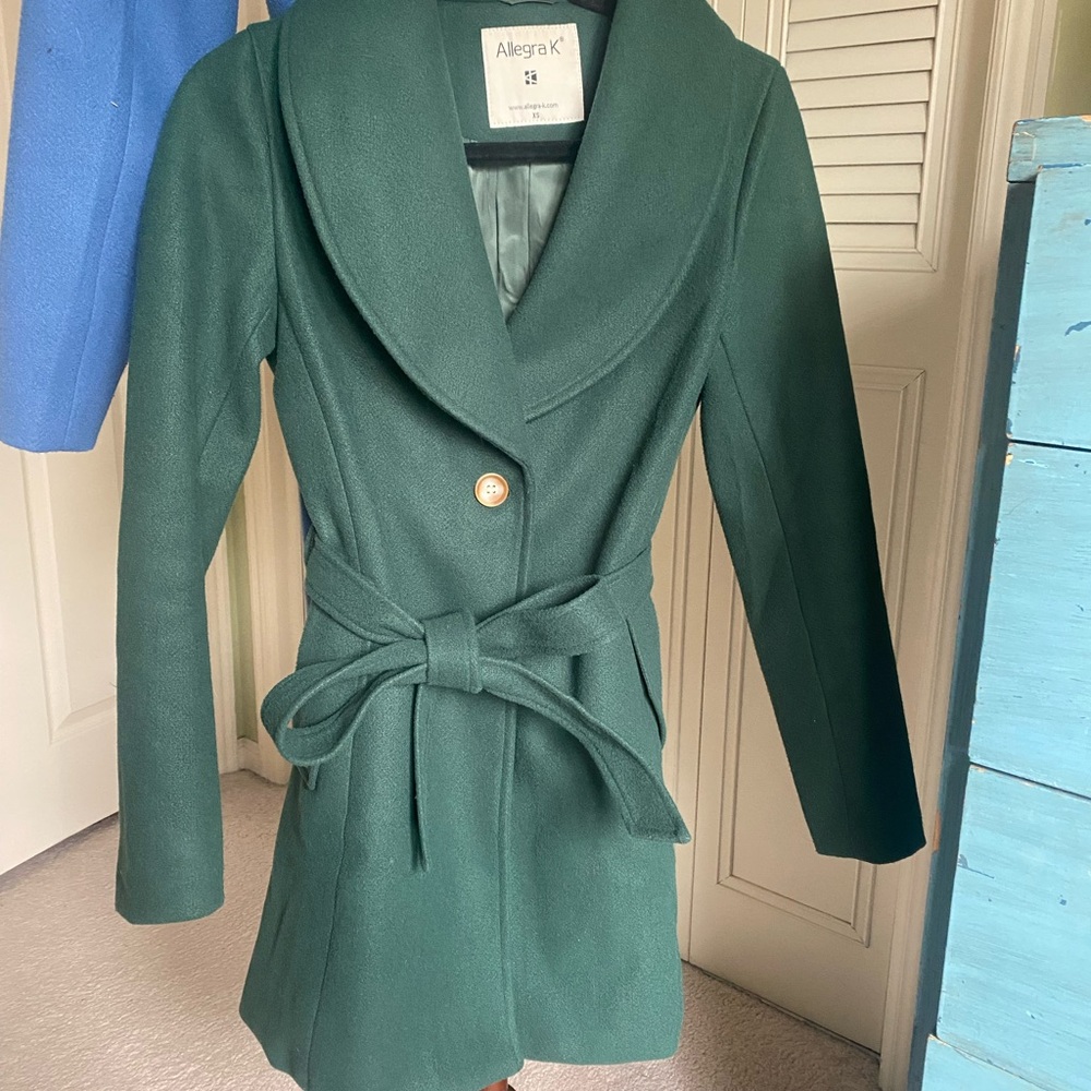 Allegra K Dark Green Winter Coat with Belt XS